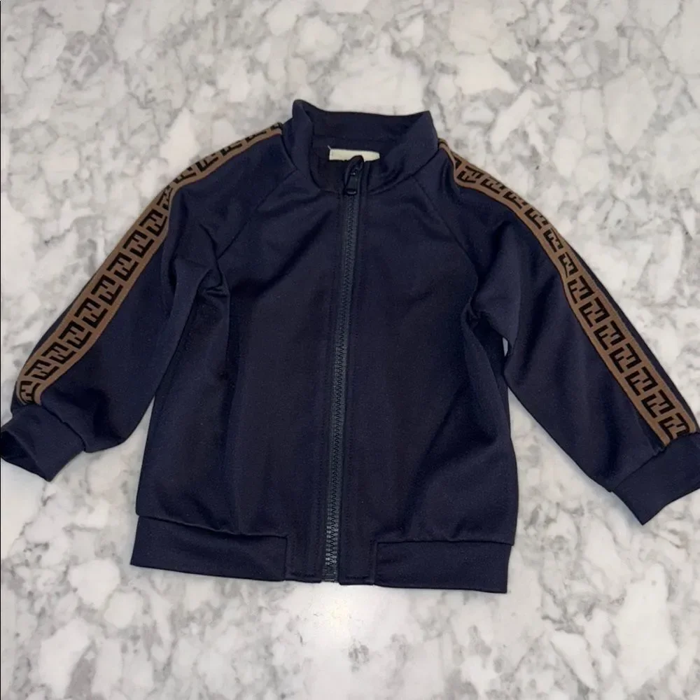 FENDI Navy Jacket with Logo  Patterned Sleeves 18M